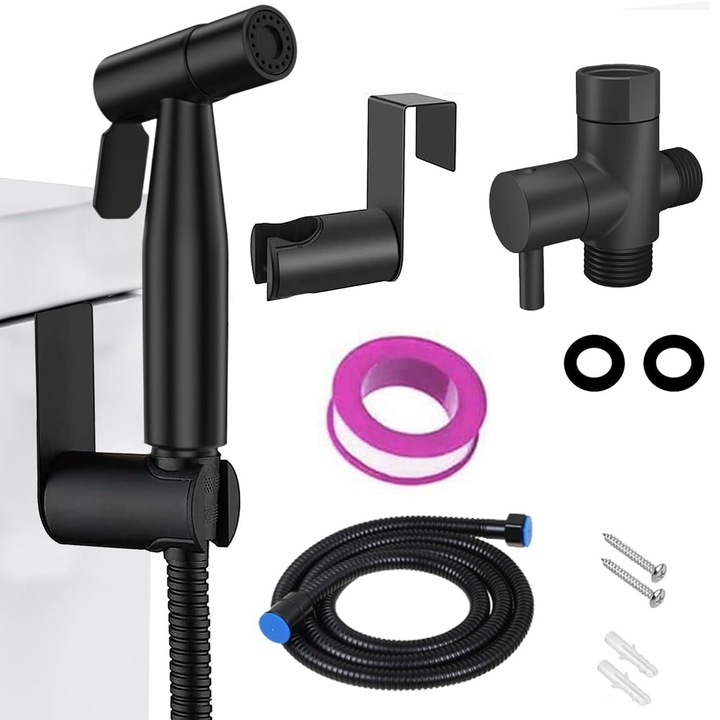 Комплект за тоалетна чиния 11, SINBINTA, Ръчен душ за биде, Душ слушалка, Включва маркуч 1,2 м, Т-образен вентил и монтажни аксесоари, Регулиране на водата, За лична хигиена, Неръждаема стомана, Черен