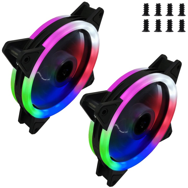 Set 2 Ventilatoare Carcasa, SINBINTA, Ventilator cu Inel Dublu, Conector 3/4 pini, 1200 rpm, Rulment hidraulic, 16 led, 11 pale, Silent, RGB, Pentru racirea carcasei computerului PC, ABS, 12*12*2.5cm, Negru