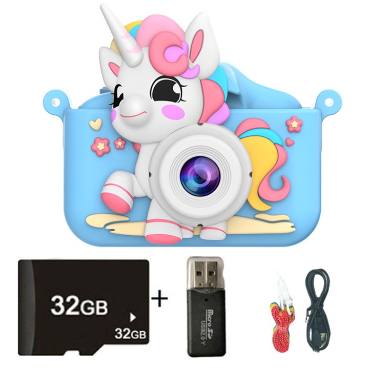 Camera Foto Digitala Pentru Copii, SINBINTA, 32GB SD card, Video 1080P HD, 20 milioane pixeli, Dual camera, Efecte integrate, 2.0 inch, 400 mAh, Cu cititor de carduri, 3 ani+, ABS, 88x61x48mm, Albastru