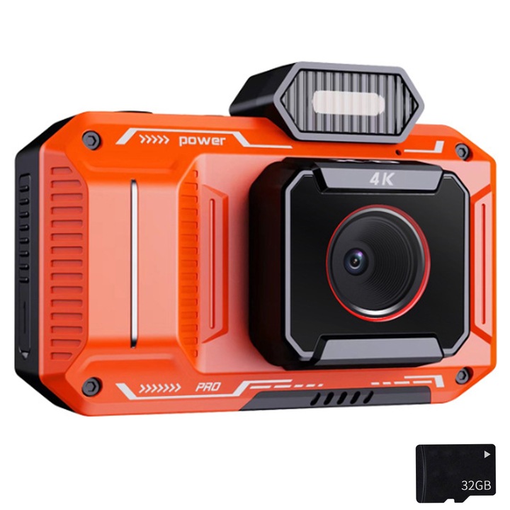 Digitális fényképezőgép, SINBINTA, Dupla kamera, 2,88 hüvelykes IPS, 4K, 4800 W pixel, HD 1080p, 32 GB-os SD-kártyával, USB töltés, 2500 mAh, 18x zoom, AF autofókusz, Szépségszűrő, Vaku, ABS, 108x43x76mm, Narancssárga