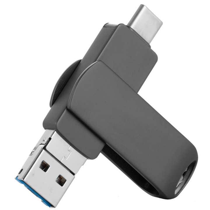 USB памет 3.0, Redkid®, Флашка 4 в 1, за телефон, таблет, лаптоп, IOS, ANDROID, WINDOWS, 256GB, Модерен и ергономичен дизайн, Черен