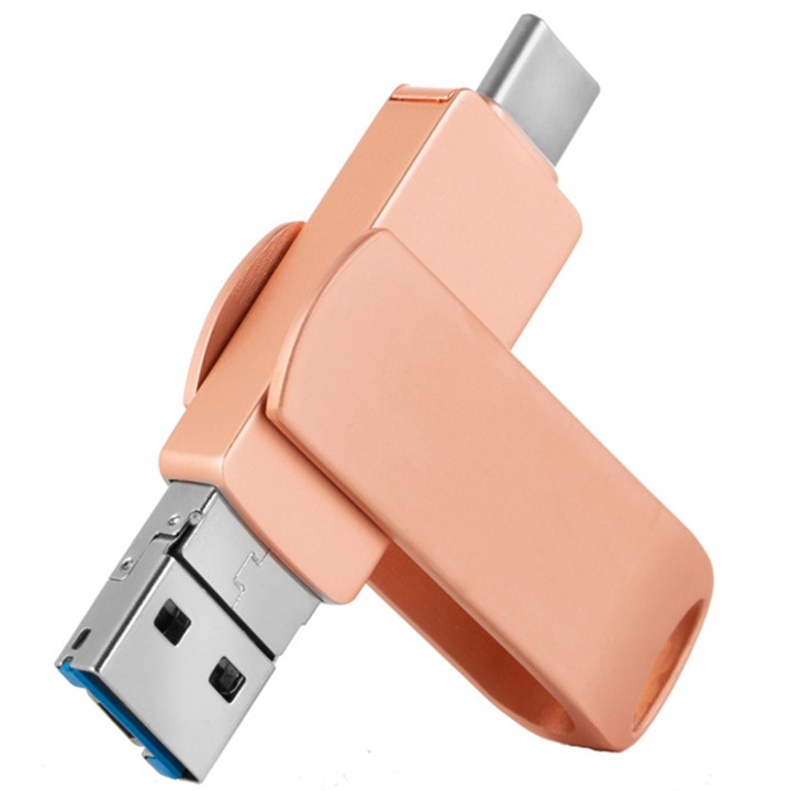 USB памет 3.0, Redkid®, Флашка 4 в 1, за телефон, таблет, лаптоп, IOS, ANDROID, WINDOWS, 256GB, Модерен и ергономичен дизайн, Розово златист