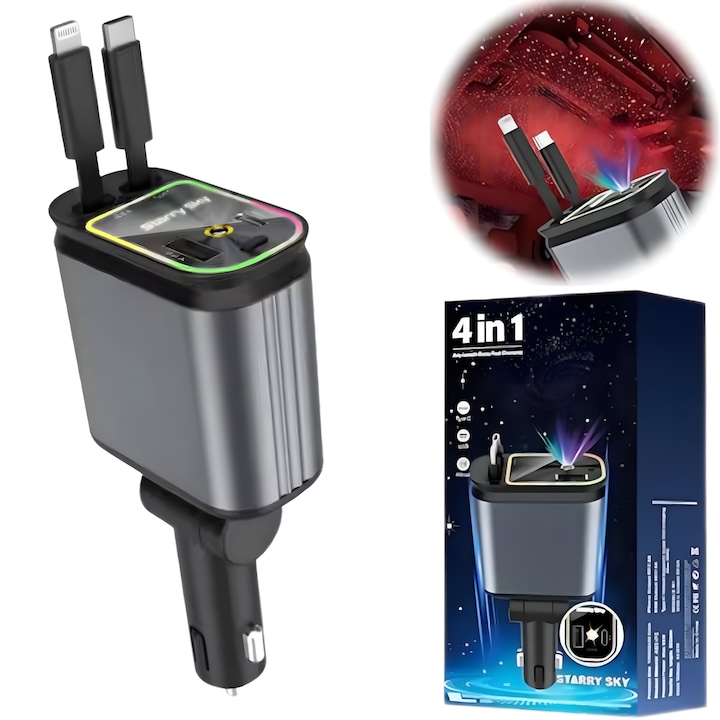 Incarcator Auto Retractabil 4-in-1 JustNet® 66W cu Incarcare Rapida QC3.0 & PD 30W, 2 Cabluri Lightning & Type-C, USB-A si USB-C, Iluminare RGB cu Proiectie Stelara, Design Premium, Rotire 180°, Compatibil Universal