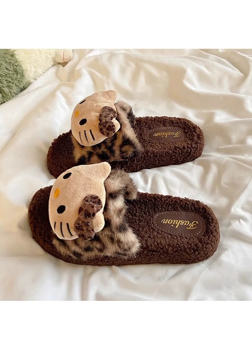 Leopárdmintás bolyhos női papucs őszi és téli aranyos pamut női papucs (FEHÉR Uni Cotton 40-41 EU 40-41 EU)
