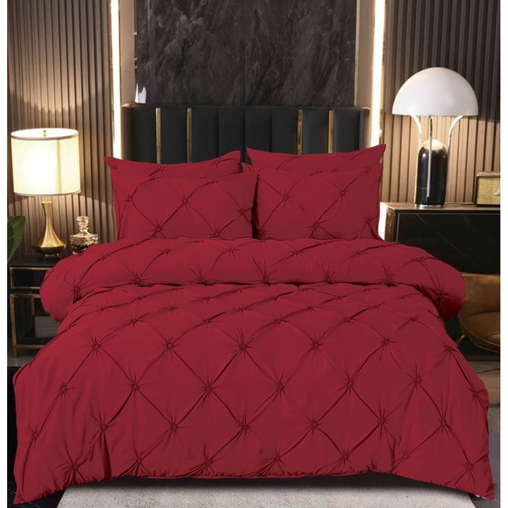 Set Lenjerie de pat dublu, cu volanase, 4 piese, cearceaf de pat cu elastic 230x250, cearceaf de plapuma 200x230, fete de perna 50x75cm, rosu bordo