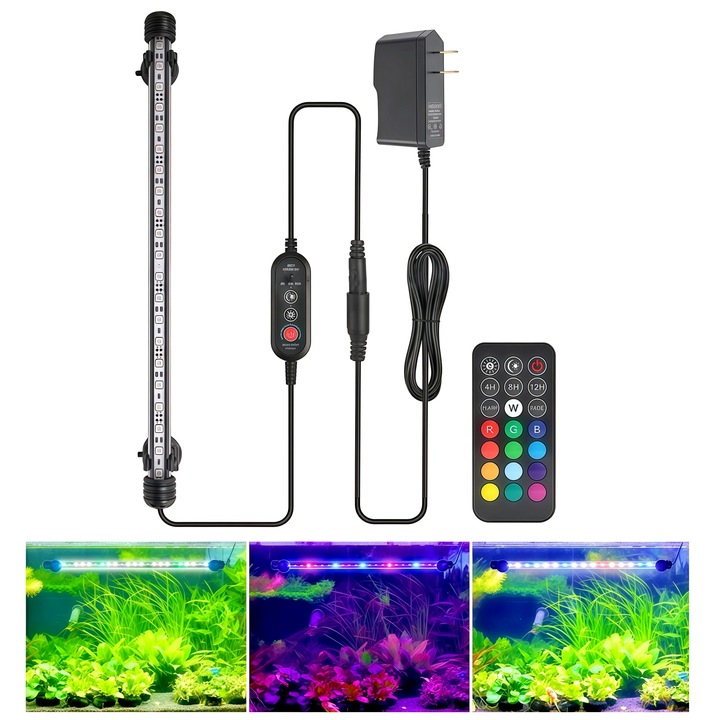 Lampa iluminare acvariu, Wacorresi®, lampa LED pentru acvariu, lampa acvariu submersibila 39cm cu telecomanda fara fir, 13 variatii de culoare, luminozitate reglabila, 100% sigur, complet impermeabil, ventuze puternice, 3 optiuni de sincronizare, negru