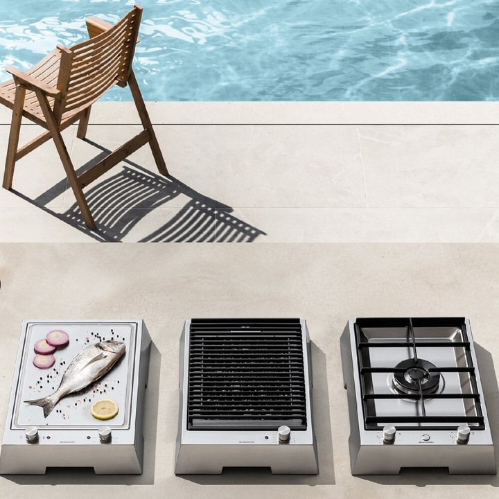 Barazza elektromos grilltűzhely, szélesség 40 cm, Kültéri kollekció, vulkáni kővel a hagyományos főzéshez, elektromos gyújtás, 9 fokozat, robusztus öntöttvas grill, forgókapcsoló, rozsdamentes acél, szatén bevonat, könnyen tisztítható, rozsdamentes acél