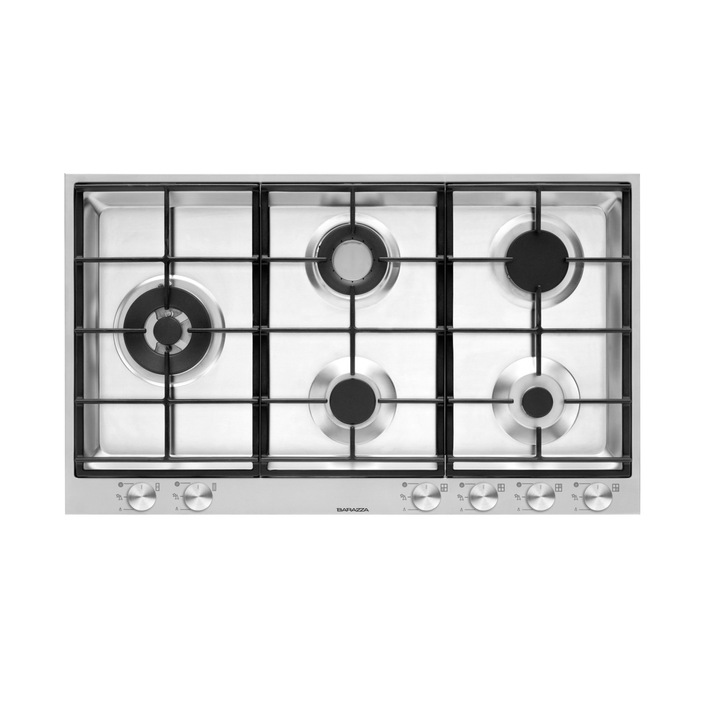 Газов котлон за вграждане Barazza, 90 см, 5 котлона, колекция B_Free, електрическо запалване, здрава чугунена скара, въртящи се превключватели, неръждаема стомана, сатенирано покритие, лесен за почистване, модерен дизайн, неръждаема стомана