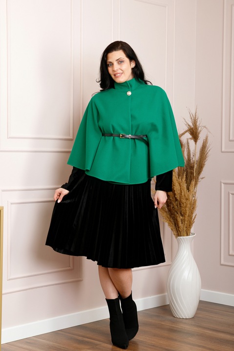 Елегантно пончо с колан на талията и текстурирани детайли, Зелено, Един размер INTL