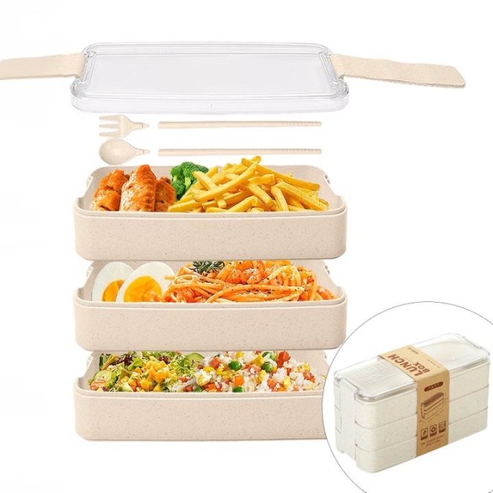 Кутия за храна с 3 отделения, Запечатана, Екологична, Прибори, 900 мл, Крем