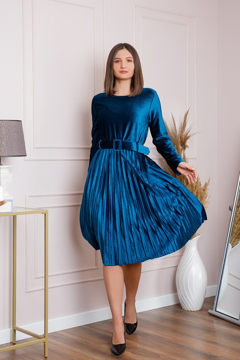Елегантна кадифена рокля Selena с колан на талията, Тюркоаз, One Size