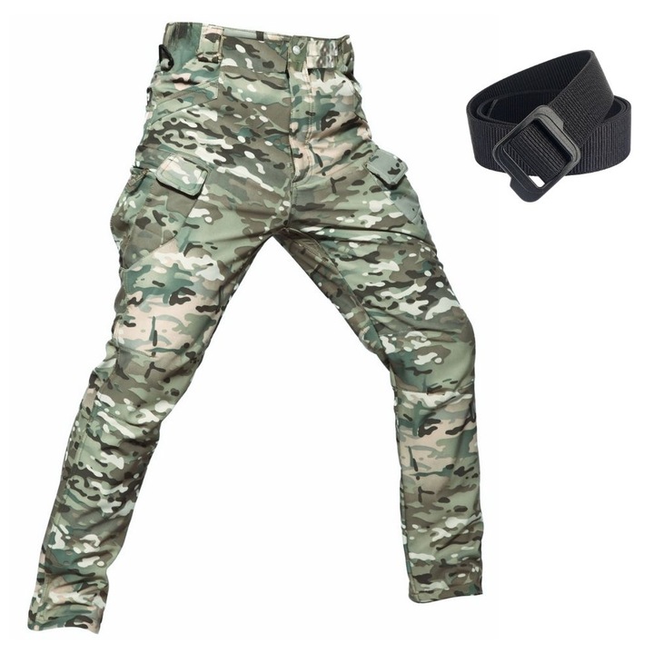 Pantaloni Tactici Softshell Camuflaj Padure Multicam, Marimea M, Primavara-Toamna, cu Centura Ajustabila, Impermeabili, Multiple Buzunare, HIPOLAR