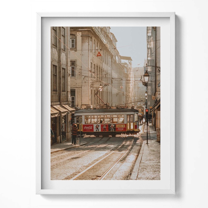 Tablou Inramat, Wallfluent, Vedere spre Lisabona si tramvai, Rama alba, 60x80 cm, 010330010090100280253