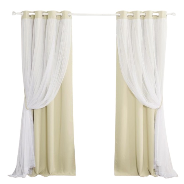 Perdele cu inele, set de 2, opace, cu 2 straturi cu voal, elegante, pentru intunecarea camerei, protectie termica si lumina, 132 x 240 cm, Bej