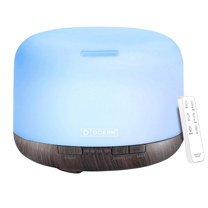 Illóolaj diffúzor, Aromaterápia, DOERR, AirCalm LED-del, Párásító, Időzítő és Automatikus Kikapcsolás biztonsági kapcsoló, Űrtartalom 500ml, Fekete