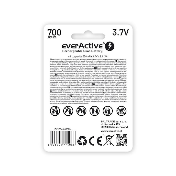 everActive micro USB батерия 16340 3.7 V Li-ion, серия 700, 650 mAh, с BOX защита