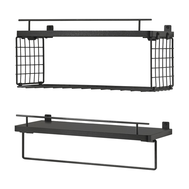 Set 2 buc raft, en.casa, Vik, 40 x 15 x 18 cm, metal, mdf, negru, masuri diferite, montabile pe perete