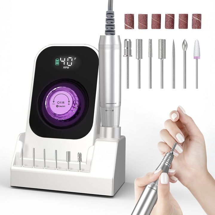 Електрическа пила за нокти Elindor® 40000 RPM, професионална, акумулаторна, с поддържаща основа и аксесоари, маникюр/педикюр, регулируема скорост, 2 посоки на въртене, бяла
