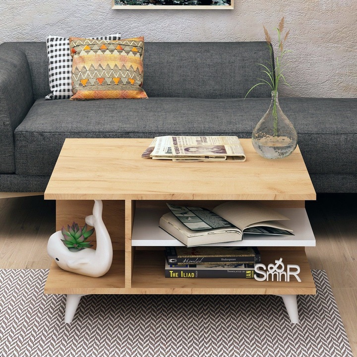 Masa de cafea din lemn, Skull Stejar/Alb, L80xl80xH40 cm