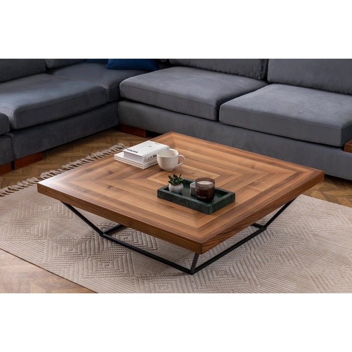 Масичка за кафе от MDF и метал, Кора Орех/Черно, Д100хШ100хВ32 см