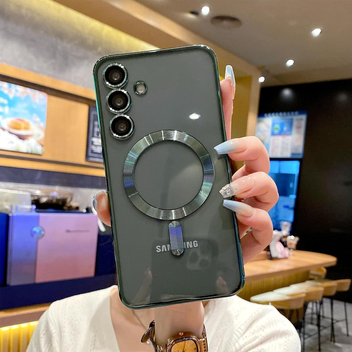 Husa din silicon Ultra-Soft cu margini metalizate, Luxury Magsafe, compatibila cu Samsung S24 / Verde