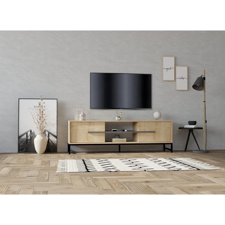 Comoda TV din pal si metal, cu 2 usi, Mono Stejar Sapphire, l160xA40xH50 cm