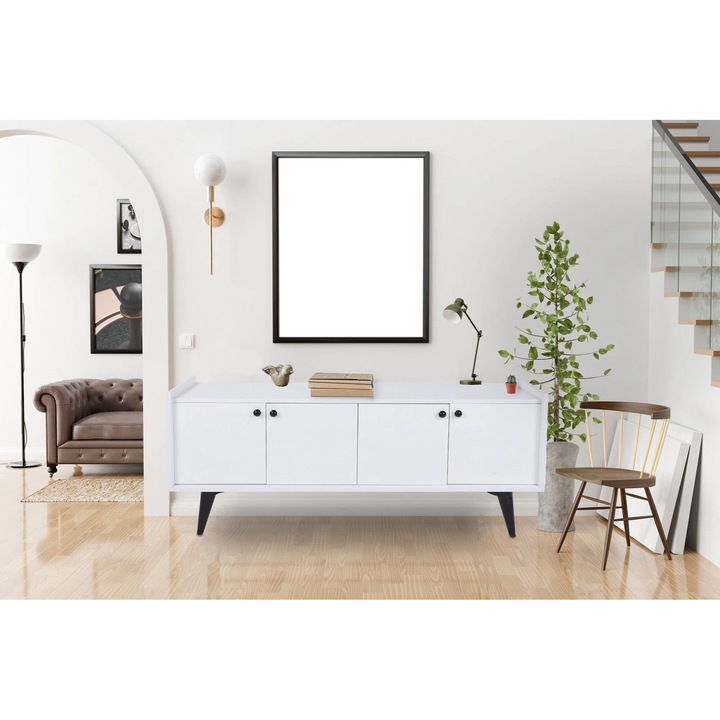 Comoda din pal si plastic, cu 4 usi, Lugano Alb / Negru, l150xA62xH40 cm