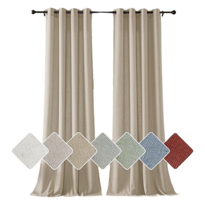 Perdele cu inele, semi transparente, cu in si poliester, stil rustic, 140 x 248 cm, set de 2, Bej cenusiu