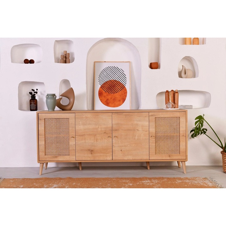 Comoda din pal si lemn, cu 4 usi, Hazeran Stejar, l180xA41xH81 cm