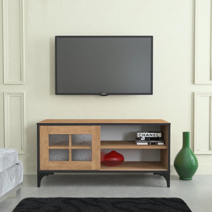 TV komód forgácslapból és műanyagból, 1 ajtós, Revival 100 Tölgy, Sz100xMé42xMa54 cm