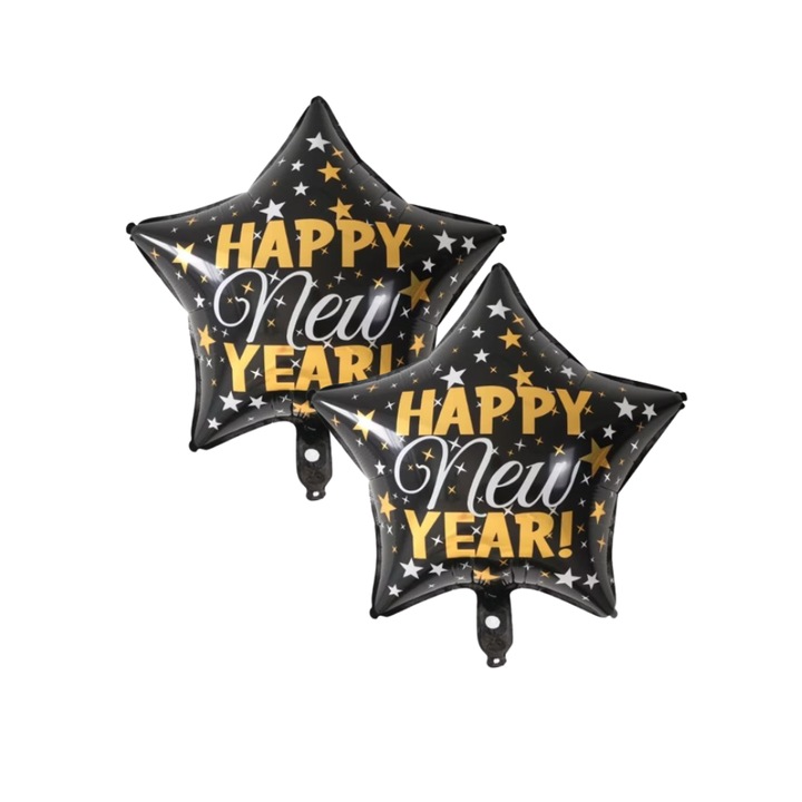 2 db fólia lufi készlet, Boldog Új Évet, Arany és fekete, Csillag alakú