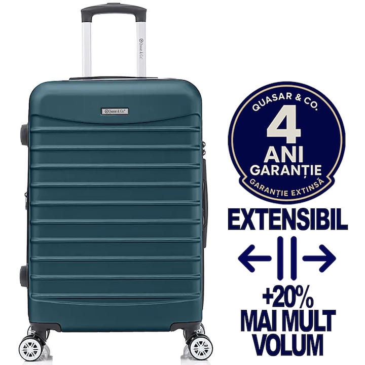 Troler mare extensibil Quasar & Co.®, 77x49x31-36 cm, bagaj de cala, valiza cu fermoar antifurt, maner telescopic lung, geamantan cu 4 roti duble silentioase 360°, ABS 2.8mm extradur, captuseala buretata, 2 compartimente cu buzunar, LINE, albastru petrol