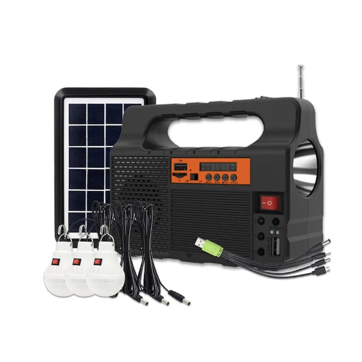 Kit Solar Radio, Lanterna, 3 Becuri cu led, Negru