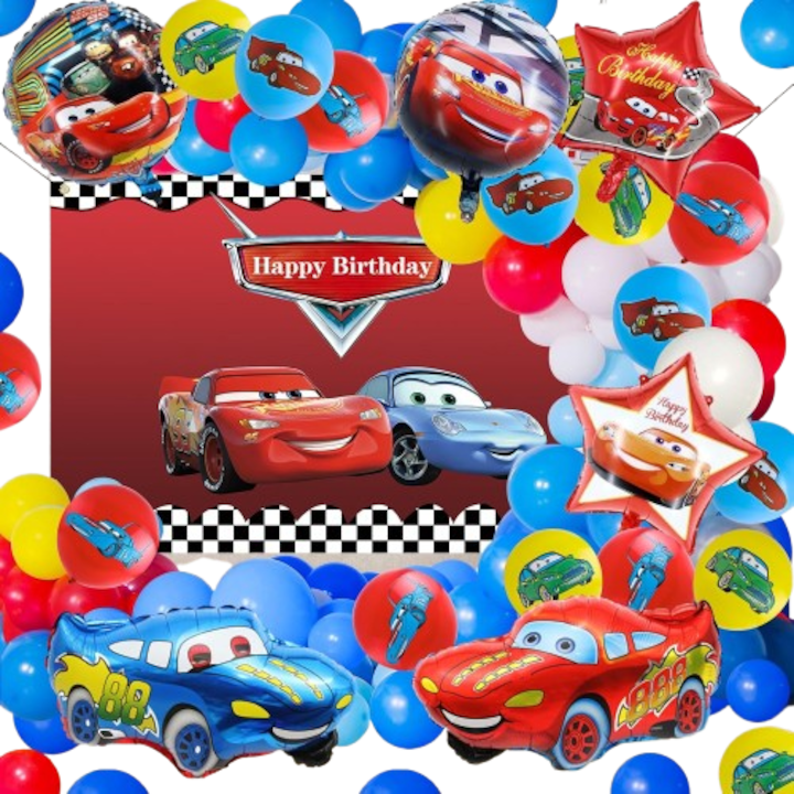 Декорация за рожден ден, тема Светкавица Маккуин, комплект банери за снимки, надпис "Честит рожден ден", балони от латекс и фолио и аксесоари, за детски рожден ден, 62 части, многоцветни