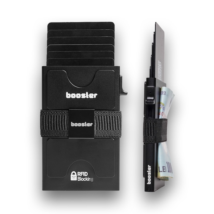 Vékony alumínium Booster pénztárca férfiaknak, strapabíró, bővíthető hátlap, minimalista fém előugró pénztárca RFID-blokkolással, 12+ kártya tárolására alkalmas, plusz készpénz