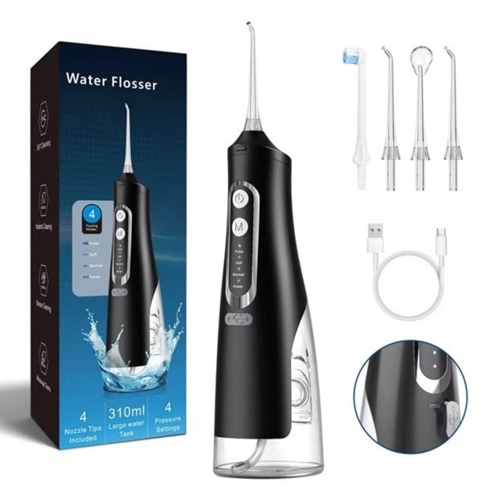 Irigator Oral Profesional Tip Dus Bucal, 4 trepte de reglare, 4 capete de ingrijire, Portabil Negru