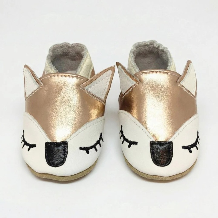 Papuci de interior pentru copii, Kidohug, Botosei Piele naturala, Talpa flexibila pentru primii pasi, Auriu rose