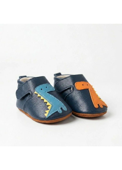 Papuci de interior pentru copii, Kidohug, Piele naturala, Talpa flexibila pentru primii pasi, Albastru multicolor
