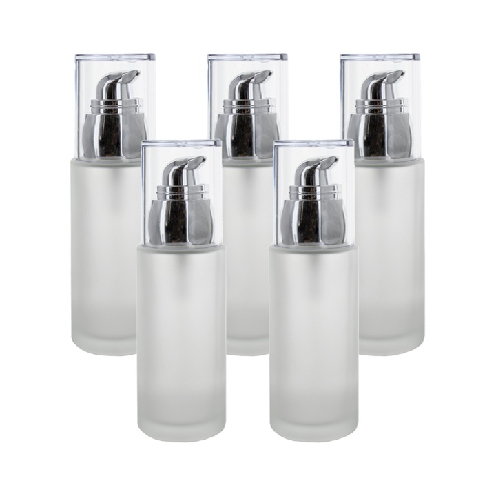 Set 5 bucati recipiente sticla mata 50 ml si pompa argintie, capac transparent, Flory