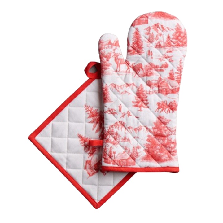 Konyhai kesztyűkészlet, Maison d'Hermine, 19x33cm, edénytartó 20x20cm, mindkettő 100% pamut, hőálló, téli motívum