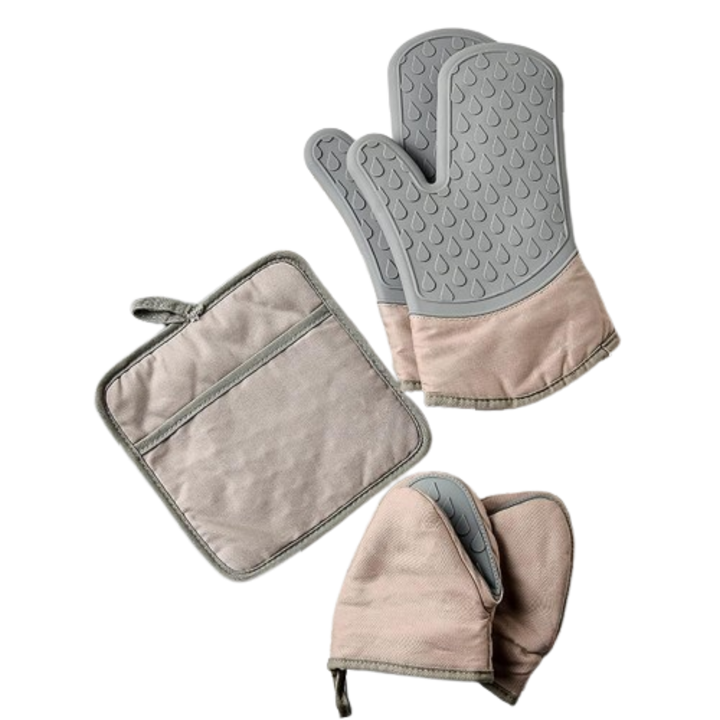 Hőálló konyhai kesztyű, vastag pamut steppelt belsővel, szilikon csúszásgátló kivitel, hőálló, vízálló, edénytartóval és kapcsokkal, 5 részes készlet, főzéshez, sütéshez