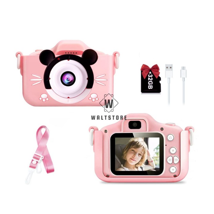 Gyerekkamera, 32 GB SD kártya 1080P HD, 23 millió pixel, 2,0 hüvelykes, 600 mAh, WaltStore®, 3 év+, rózsaszín