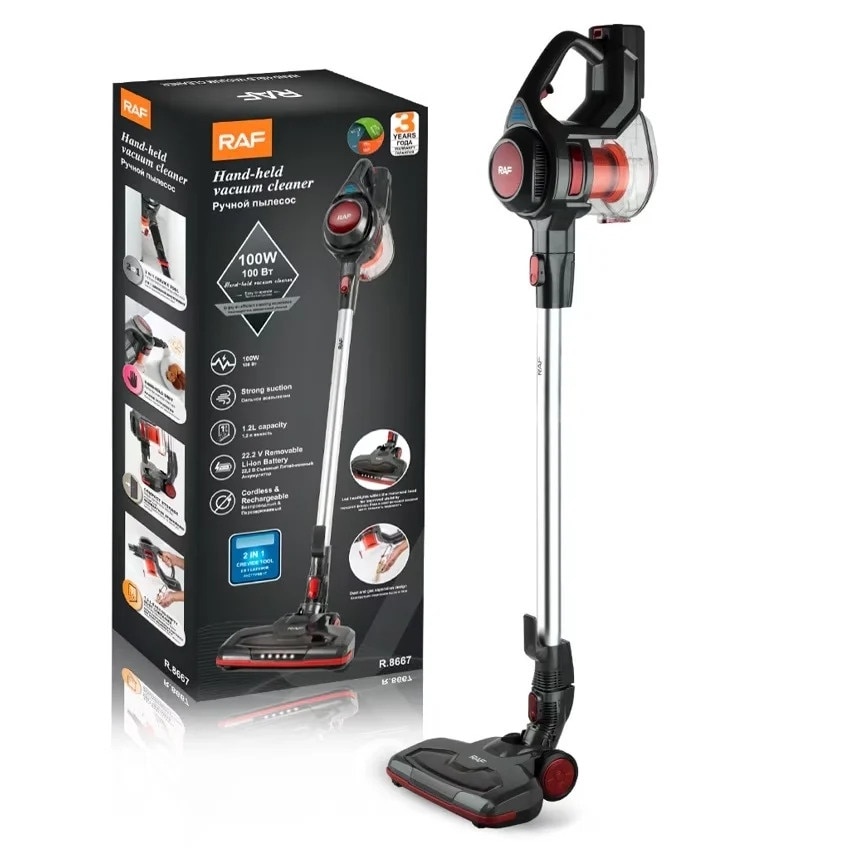 Aspirator fara fir si sac, RAF R8667, 100 W, 2 accesorii, filtru HEPA, 115x25 cm, negru-rosu