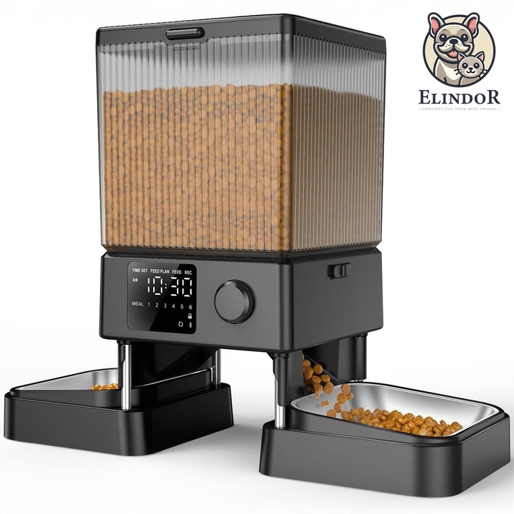 Смарт хранилка Elindor® за котки и кучета, капацитет 5 л, таймер, суха и мокра храна, двойно USB и захранване от батерията, 2 купи, черна