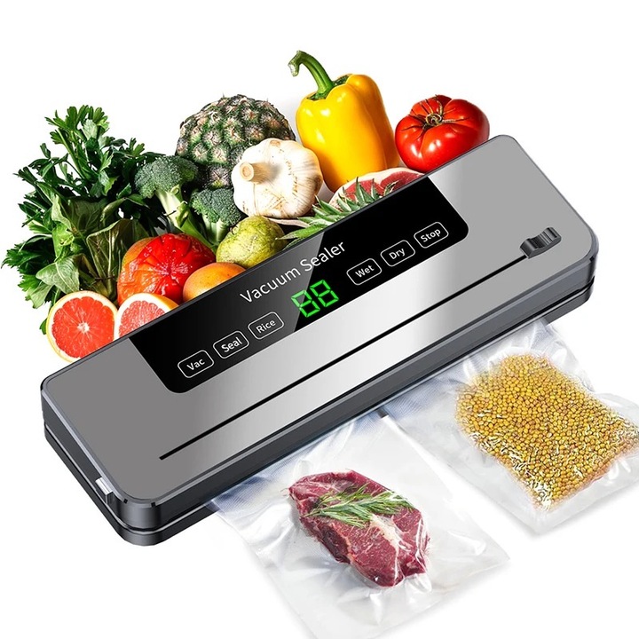 Aparat de vidat si sigilat alimente Vacuum Sealer, vidare umeda si uscata, putere 120 W, 60 Kpa, ecran tactil, 6 moduri de vidare, sterilizare UV, 30 cm, 10 pungi incluse, gri plumb