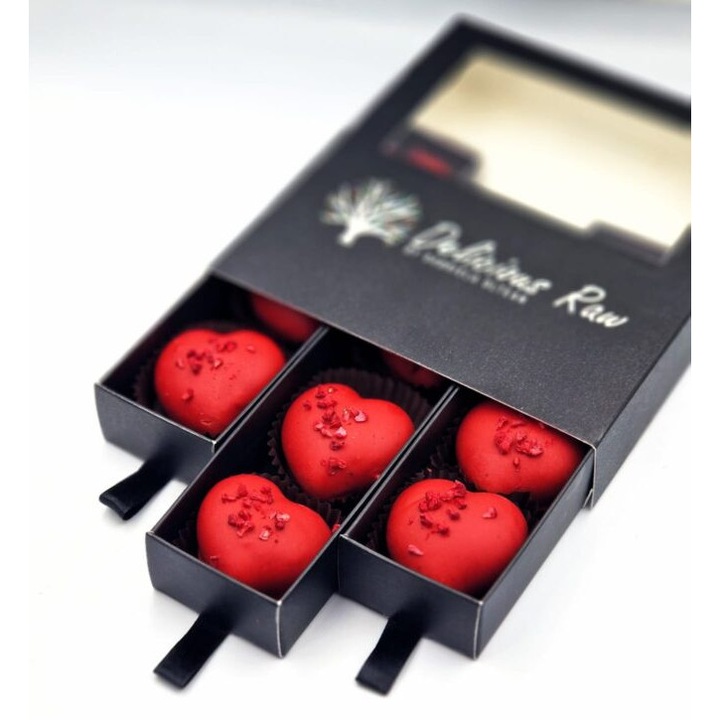 Cutie cu trufe artizanale, vegane, de ciocolata, Delicious Raw by Gabriela Oltean, Trufe de ciocolata cu capsuni, fara zahar, fara lactoza, fara gluten 200g