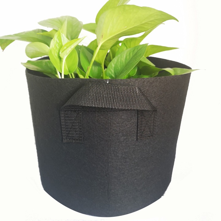 Ghiveci din pasla netesuta DacEnergy©, pentru plante de gradina, legume, flori, ierburi, fructe si plantare, de forma rotunda, cu manere, 37 l, diamentru 40 cm, gri antracit