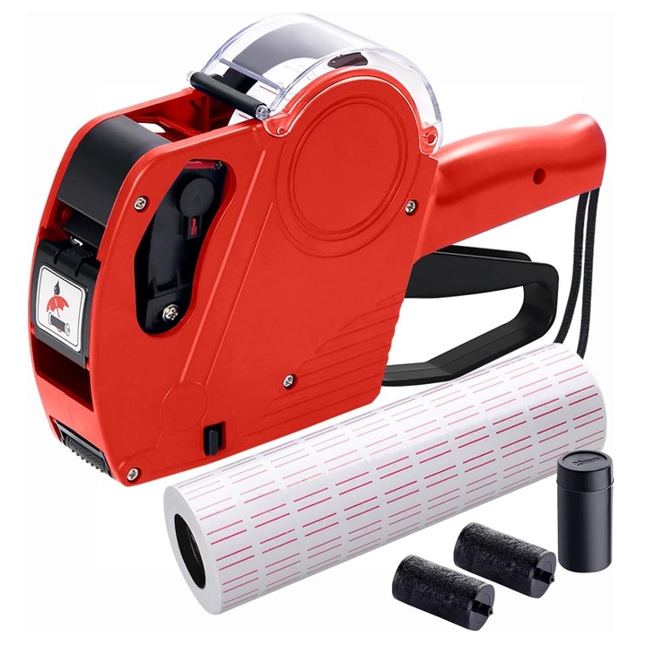 Aparat de etichetat, Hggzeg, Pistol de preturi, Aparat de Eticheta de pret, Cu eticheta autocolanta si cartus, Maner ergonomic, Unealta profesionala, Usor de utilizat, Pentru fabrici de supermarket, magazin, de proximitate, PE, 23.5*13.5cm, Rosu