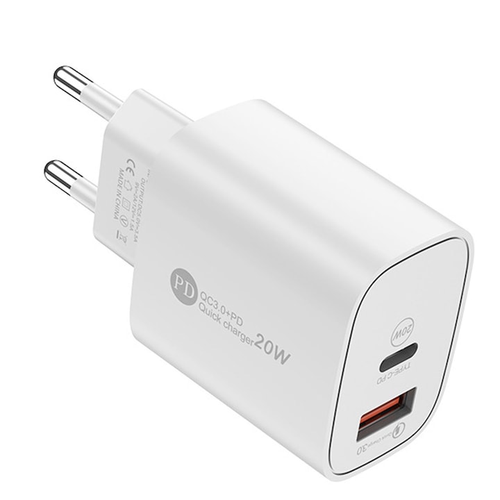 Hggzeg, Зарядно за бързо зареждане, 20w адаптер за контакт, зарядно устройство тип C и USB 3.0, 5V/3.5A, Защита от висока температура и претоварване, Универсално съвместимо с Huawei, Samsung, Xiaomi, Пластмаса, 8 x 4.2 x 2.9 см, Бяло