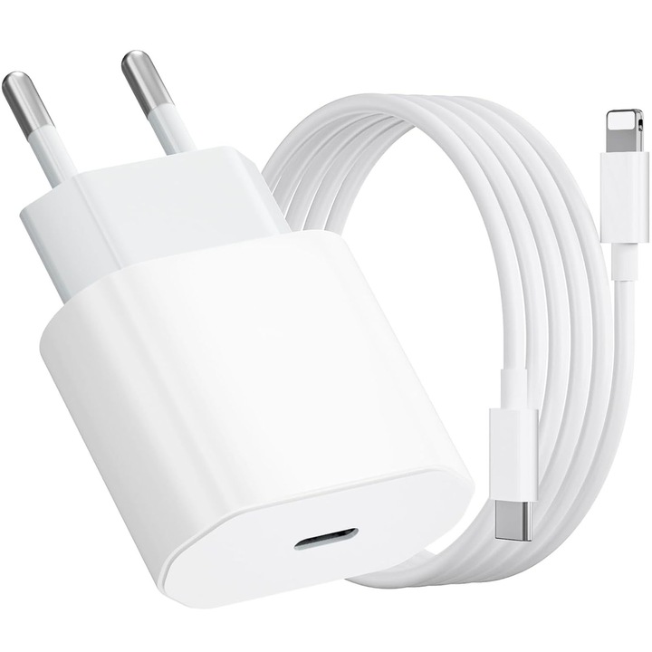 USB C-Lightning töltő, Hggzeg, hálózati töltő, 20 W gyorstöltő, 1 m-es USB C-Lightning kábellel, kompatibilis iPhone 14/13/12/11/Pro/Pro Max/iPad/AirPods készülékekkel, műanyag, 7,5 x 4,5 x 2,4 cm, fehér